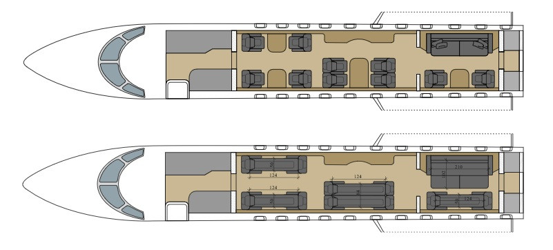 seats and sofas in a business jet
